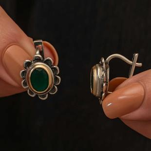 Hk Gümüş Kadın Küpe Yeşil Çiçek Desenli Otantik |Gümüş Takı Hediyelik Ürünler