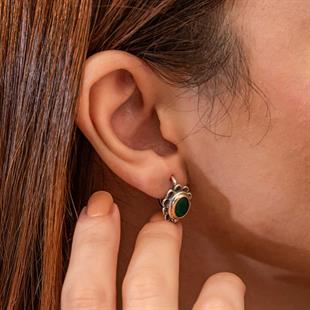 Hk Gümüş Kadın Küpe Yeşil Çiçek Desenli Otantik |Gümüş Takı Hediyelik Ürünler