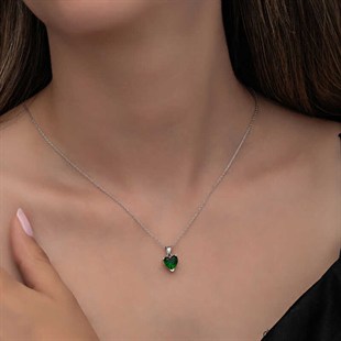 Hk Gümüş Yeşil Taşlı Kalpli Kadın Kolye | Gümüş Takı Hediyelik Ürünler