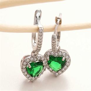 Hk Gümüş Kadın Küpe Yeşil Taşlı Kalpli |Gümüş Takı Hediyelik Ürünler