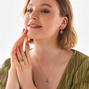 Hk Gümüş Kadın Set Yeşil Taşlı Kalpli |Gümüş Takı Hediyelik Ürünler