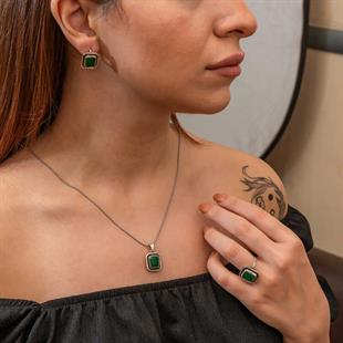 Hk Gümüş Kadın Set Yeşil Taşlı Otantik |Gümüş Takı Hediyelik Ürünler