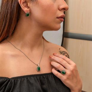 Hk Gümüş Kadın Set Yeşil Taşlı Otantik |Gümüş Takı Hediyelik Ürünler