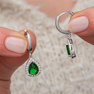 Hk Gümüş Kadın Küpe Yeşil Zirkon Taşlı Damla |Gümüş Takı Hediyelik Ürünler