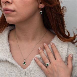 Hk Gümüş Kadın Set Yeşil Zirkon Taşlı Damla |Gümüş Takı Hediyelik Ürünler