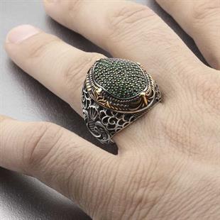 Hk Gümüş Erkek Yüzük Yeşil Zirkon Taşlı Oval |Gümüş Takı Hediyelik Ürünler