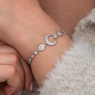 Hk Gümüş Kadın Bileklik Zirkon Taşlı Ay Yıldız |Gümüş Takı Hediyelik Ürünler