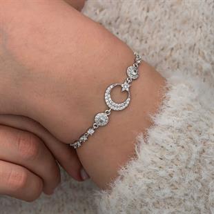 Hk Gümüş Kadın Bileklik Zirkon Taşlı Ay Yıldız |Gümüş Takı Hediyelik Ürünler