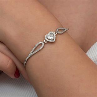 Hk Gümüş Kadın Bileklik Zirkon Taşlı Kalp|Gümüş Takı Hediyelik Ürünler