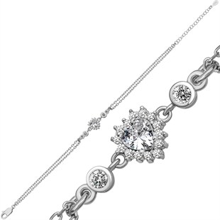 Gümüş Zirkon Taşlı Kalpli Kadın Bileklik