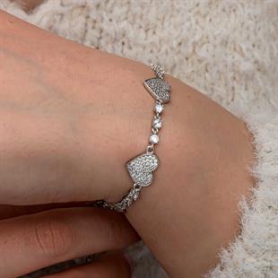 Hk Gümüş Kadın Bileklik Zirkon Taşlı Sıralı Kalp |Gümüş Takı Hediyelik Ürünler