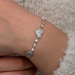 Hk Gümüş Kadın Bileklik Zirkon Taşlı Sıralı Kalp |Gümüş Takı Hediyelik Ürünler