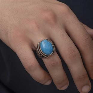 Hk Gümüş Erkek Yüzük Zirkon Turkuaz Taşlı Oval |Gümüş Takı Hediyelik Ürünler