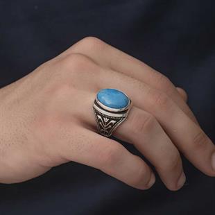 Hk Gümüş Erkek Yüzük Zirkon Turkuaz Taşlı Oval |Gümüş Takı Hediyelik Ürünler