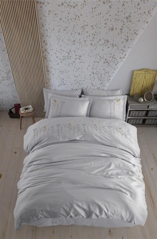 ND Çift Kişilik Poplin Premium Nakışlı Nevresim Diva Gri