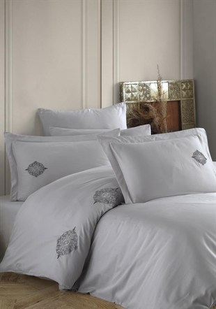 ND Çift Kişilik Poplin Premium Nakışlı Nevresim Azra Gri