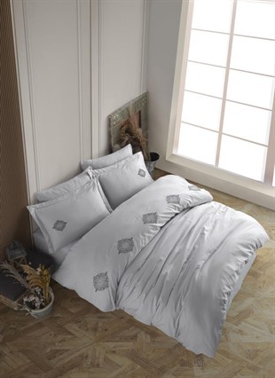 ND Çift Kişilik Poplin Premium Nakışlı Nevresim Azra Gri