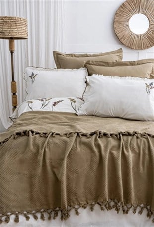 ND Home Collection Eveline Haki Nevresimli Pike Takımı, %100 Pamuk, Püsküllü Nevresimli Pike Seti, Nakışlı Pike Takımı