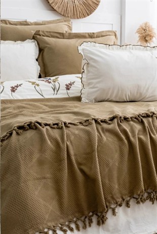 ND Home Collection Eveline Haki Nevresimli Pike Takımı, %100 Pamuk, Püsküllü Nevresimli Pike Seti, Nakışlı Pike Takımı