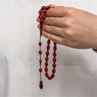 Hk Sıkma Kehribar Tesbih Fıçı Kesim Vişne Kırmızısı Parlak Renk (33 Tane Metal Püskülsüz)|Gümüş Takı Hediyelik Ürünler