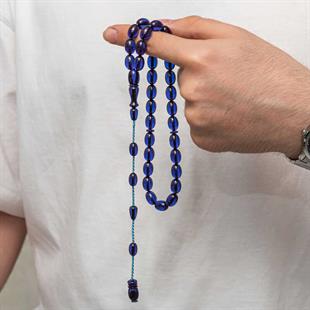 Hk Sıkma Kehribar (Ateş Kehribar) Tesbih Fıçı Kesim K.Mavi Renk (33 Tane Metal Püskülsüz)|Gümüş Takı Hediyelik Ürünler