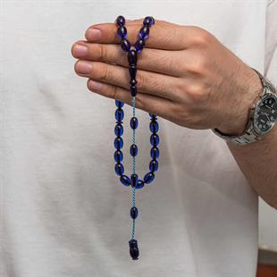 Hk Sıkma Kehribar (Ateş Kehribar) Tesbih Fıçı Kesim K.Mavi Renk (33 Tane Metal Püskülsüz)|Gümüş Takı Hediyelik Ürünler