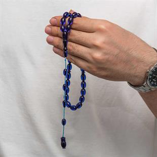 Hk Sıkma Kehribar (Ateş Kehribar) Tesbih Fıçı Kesim K.Mavi Renk (33 Tane Metal Püskülsüz)|Gümüş Takı Hediyelik Ürünler