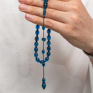 Hk Sıkma Kehribar Tesbih Kapsül Kesim Premium Mavi Düz Renk (33 Tane Metal Püskülsüz)|Gümüş Takı Hediyelik Ürünler