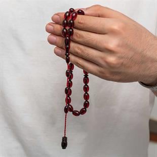 Hk Sıkma Kehribar Tesbih Fıçı Kesim Koyu Bordo Vişne Kırmızısı (33 Tane Metal Püskülsüz)|Gümüş Takı Hediyelik Ürünler