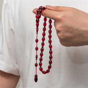 Hk Sıkma Kehribar Tesbih Fıçı Kesim Vişne Kırmızısı Parlak Renk (33 Tane Metal Püskülsüz)|Gümüş Takı Hediyelik Ürünler