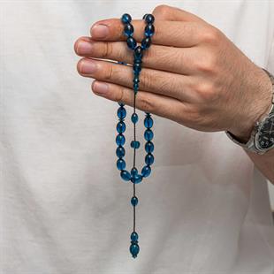 Hk Sıkma Kehribar Tesbih Kapsül Kesim Premium Mavi Düz Renk (33 Tane Metal Püskülsüz)|Gümüş Takı Hediyelik Ürünler