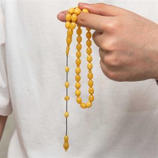 Hk Sıkma Kehribar Tesbih Kapsül Kesim Sarı Mat Düz Renk (33 Tane Metal Püskülsüz)|Gümüş Takı Hediyelik Ürünler