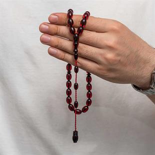 Hk Sıkma Kehribar Tesbih Fıçı Kesim Koyu Bordo Vişne Kırmızısı (33 Tane Metal Püskülsüz)|Gümüş Takı Hediyelik Ürünler