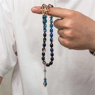 Hk Sıkma Kehribar Tesbih Kapsül Kesim Mavi Siyah Alacalı (33 Tane Metal Püskülsüz)|Gümüş Takı Hediyelik Ürünler