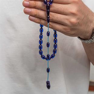 Hk Sıkma Kehribar (Ateş Kehribar) Tesbih Fıçı Kesim K.Mavi Renk (33 Tane Metal Püskülsüz)|Gümüş Takı Hediyelik Ürünler