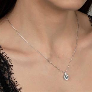 Hk Gümüş Kadın Kolye Kristal Taşlı Damla |Gümüş Takı Hediyelik Ürünler