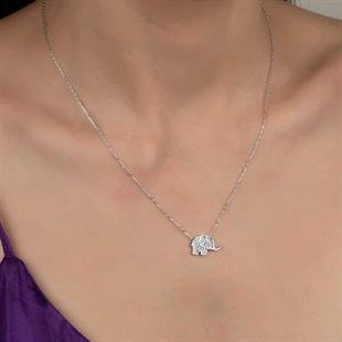 Hk Gümüş Kadın Kolye Kristal Taşlı Fil |Gümüş Takı Hediyelik Ürünler