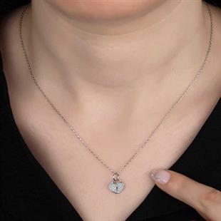 Hk Gümüş Kadın Kolye Kristal Taşlı Kalp Kiliti |Gümüş Takı Hediyelik Ürünler