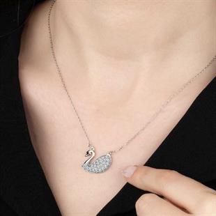 Hk Gümüş Kadın Kolye Kristal Taşlı Kuğu |Gümüş Takı Hediyelik Ürünler