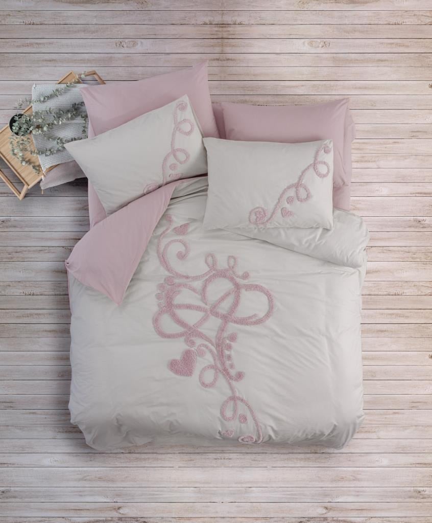 Cotton Box Puff Nakışlı Ranforce Çift Kişilik Anneler Günü Nevresim Takımı Bellini Pembe