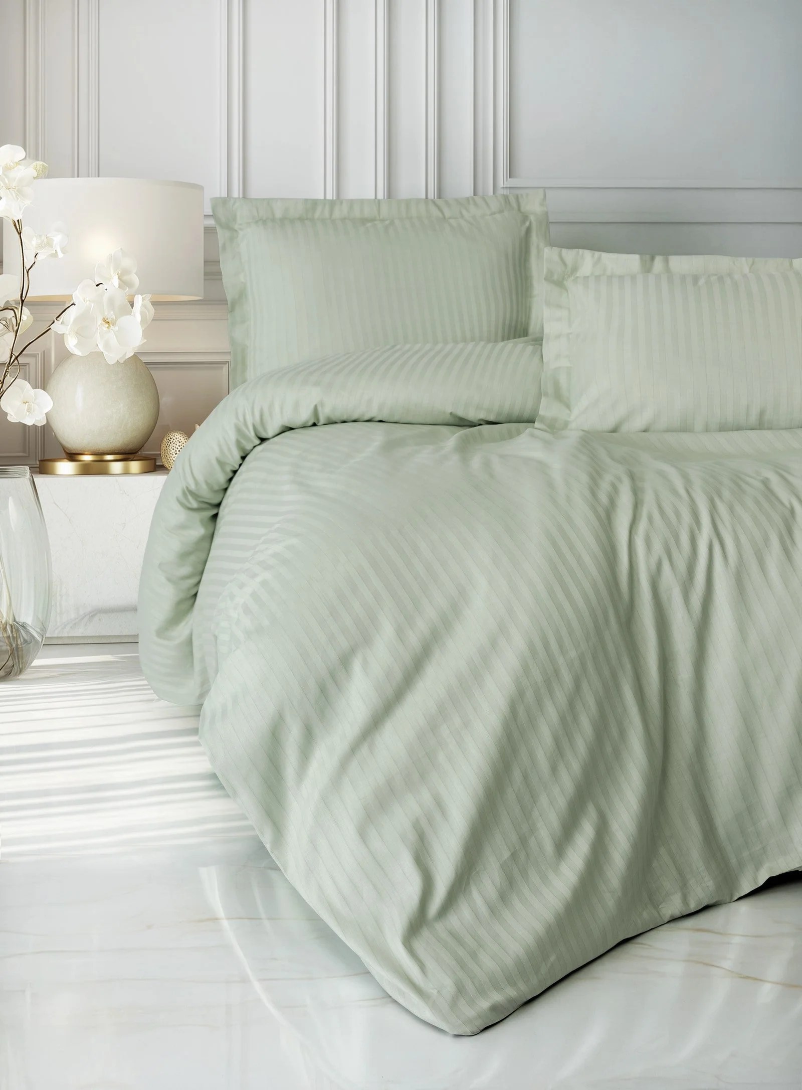 Cotton Box Stripe Elegant Adaçayı Çift Kişilik Saten Nevresim Takımı