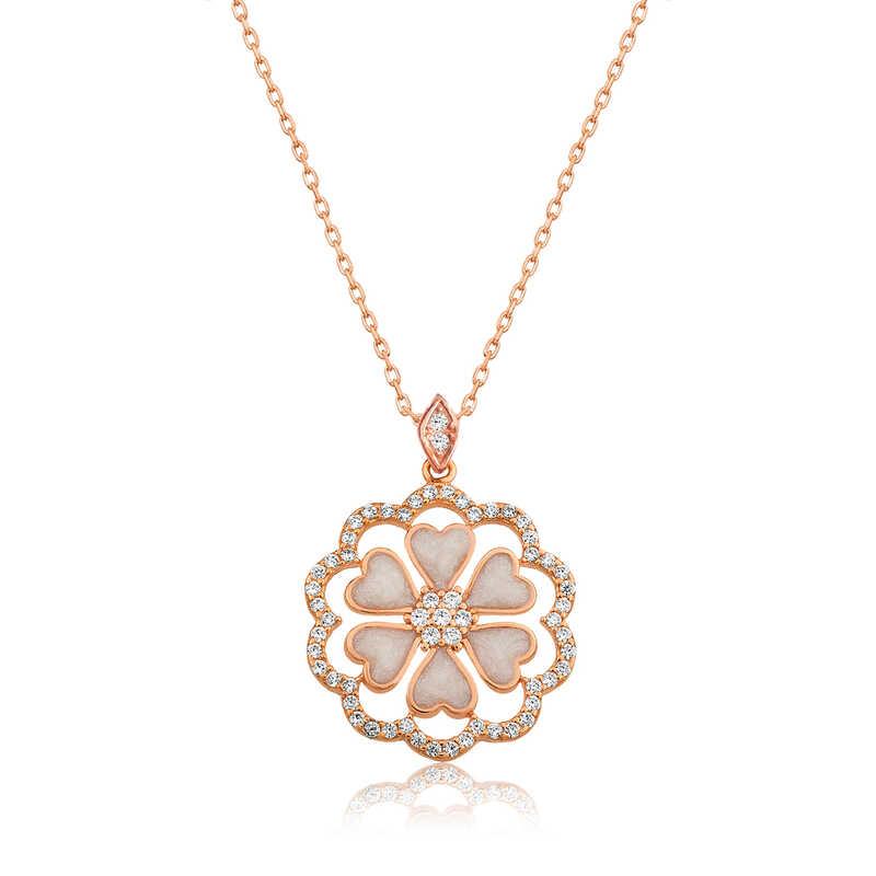 Gümüş Rose Kalp Çiçek Bayan Kolye