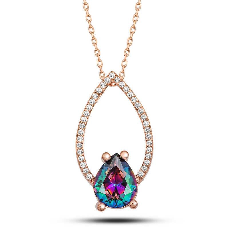 Gümüş Rose Mistik Topaz Taşlı Damla Kadın Kolye