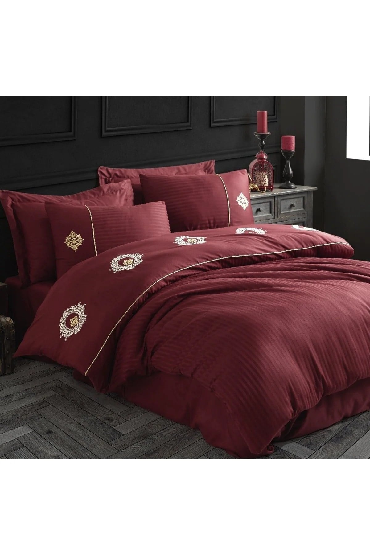 Hobby Elegant Nakışlı Pamuk Saten Çift Kişilik Nevresim Takımı Olimpos Bordo