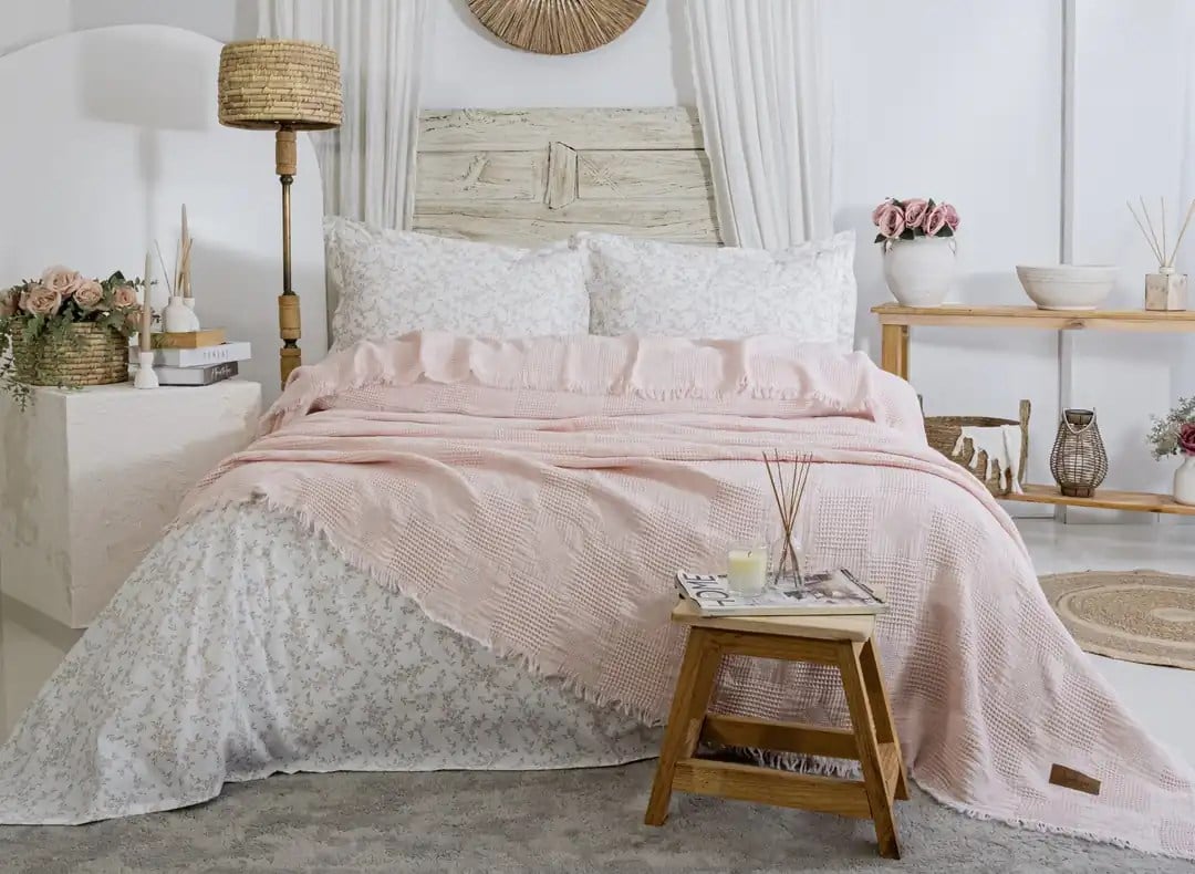 Şaheser Home Collection Müslin Yatak Örtüsü Çift Kişilik Pamela Pudra