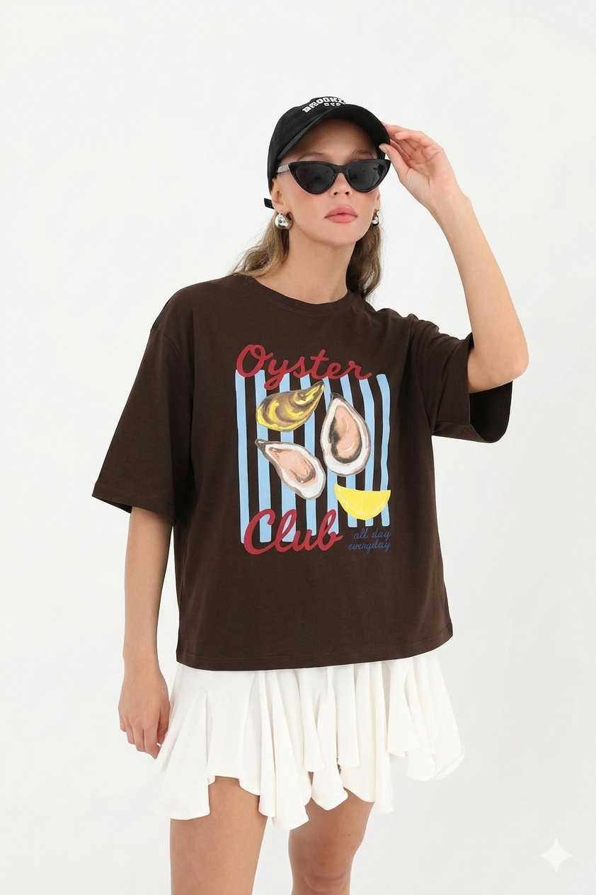 Qyster Club Yazılı Tshirt 4031 - Kahve