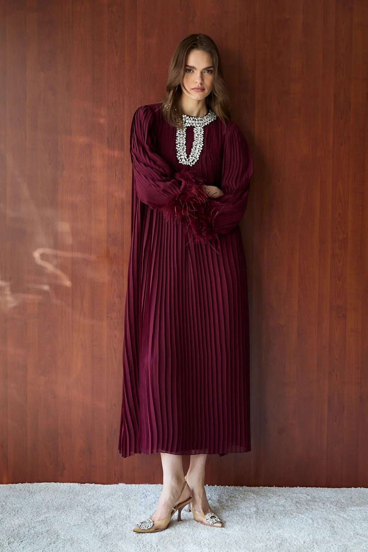 Melike Tatar 2659 Taş Detay Şık Elbise - Bordo