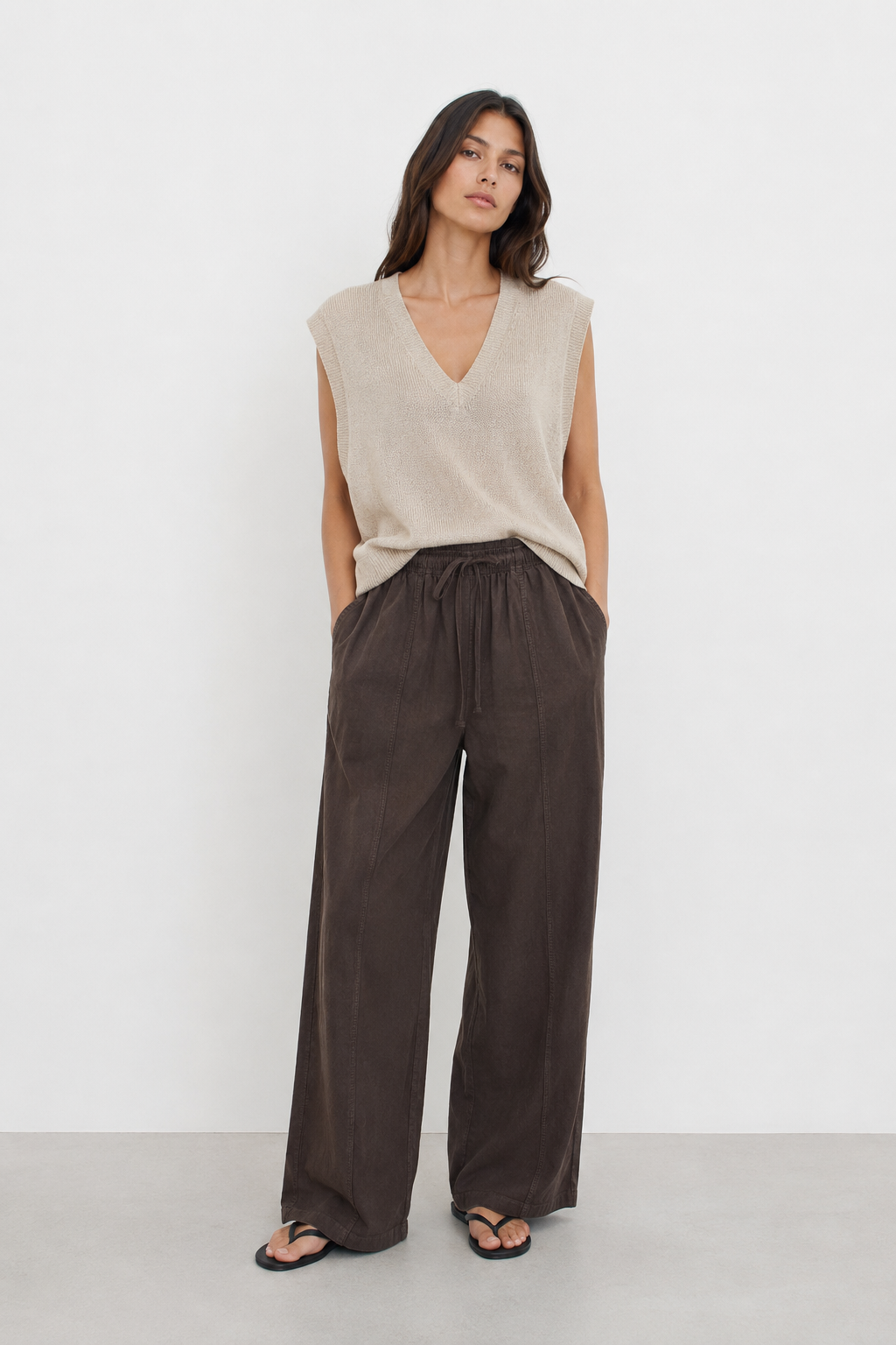Yıkamalı Tencel Palazzo Pantolon 0036572 - Koyu Kahve