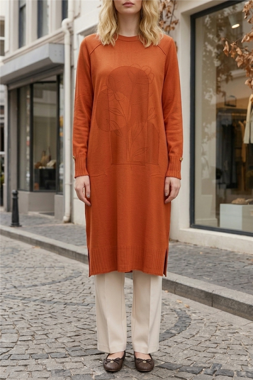 Ön Çiçek Baskılı Tunik 36231 Oranj