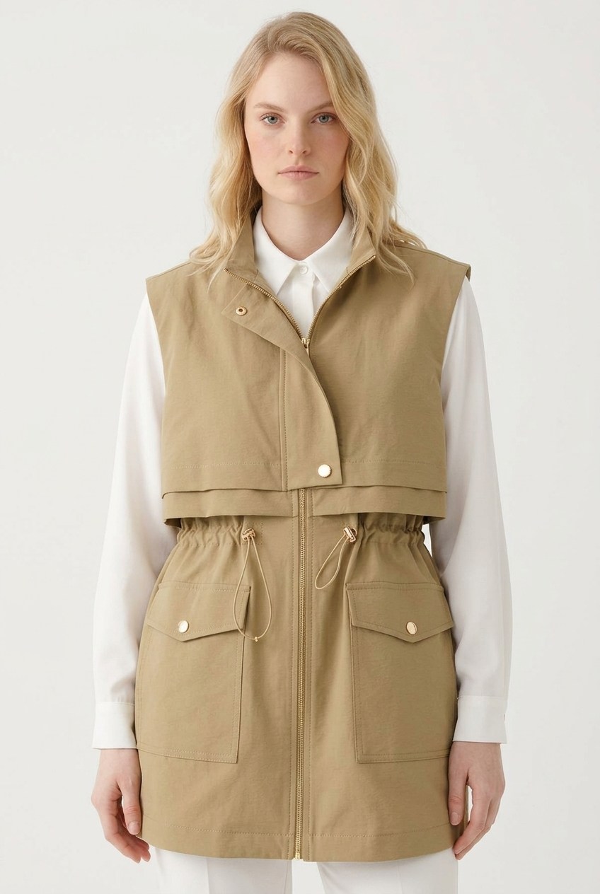 Ön Yarım Pat Detay Yelek 11284 Camel